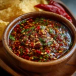 Salsa macha casera con semillas en frasco de vidrio, con textura crujiente y tonos rojos intensos.