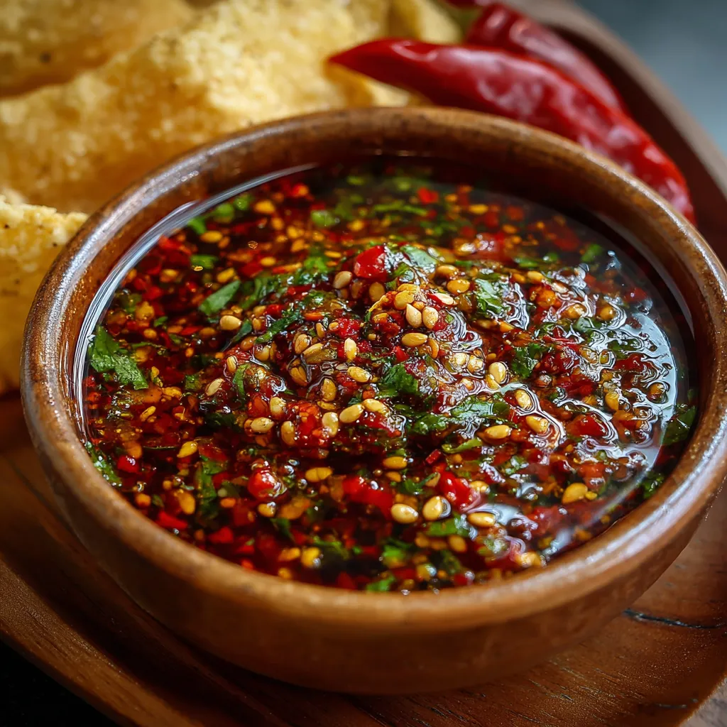 Salsa macha casera con semillas en frasco de vidrio, con textura crujiente y tonos rojos intensos.