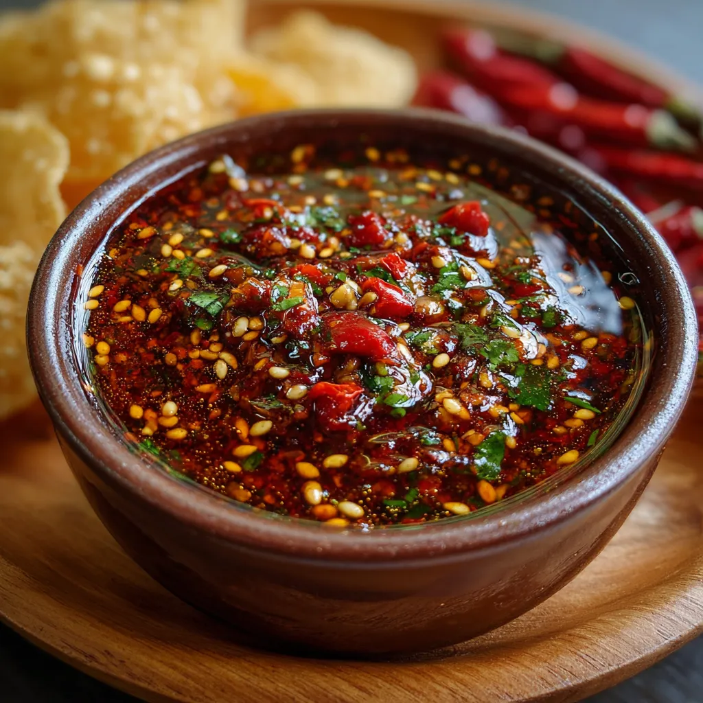 Salsa macha casera con semillas en frasco de vidrio, con textura crujiente y tonos rojos intensos.