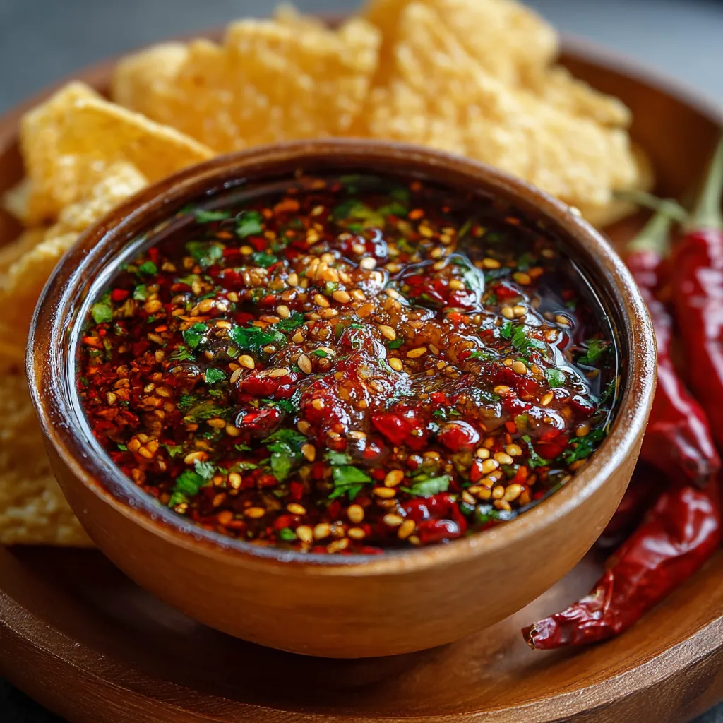 Salsa macha casera con semillas en frasco de vidrio, con textura crujiente y tonos rojos intensos.