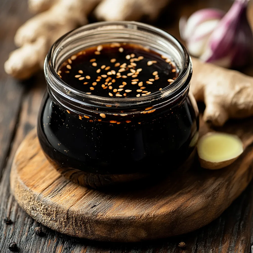 Salsa teriyaki casera servida en un frasco de vidrio sobre fondo de madera

