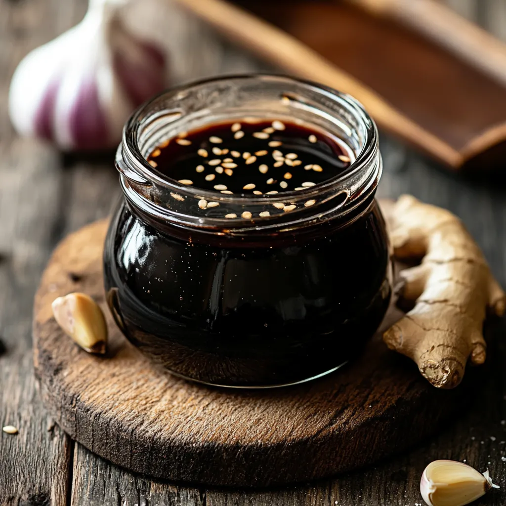 Salsa teriyaki casera servida en un frasco de vidrio sobre fondo de madera

