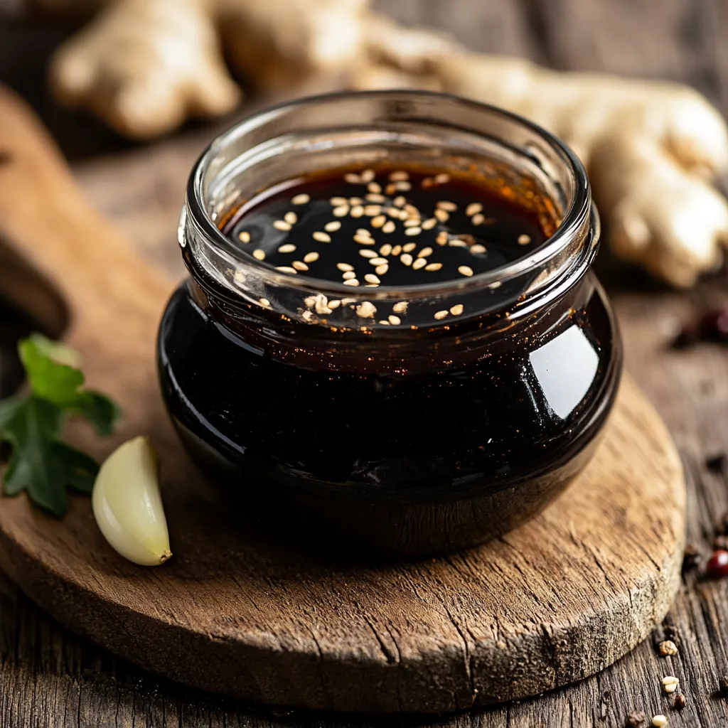Salsa teriyaki casera servida en un frasco de vidrio sobre fondo de madera

