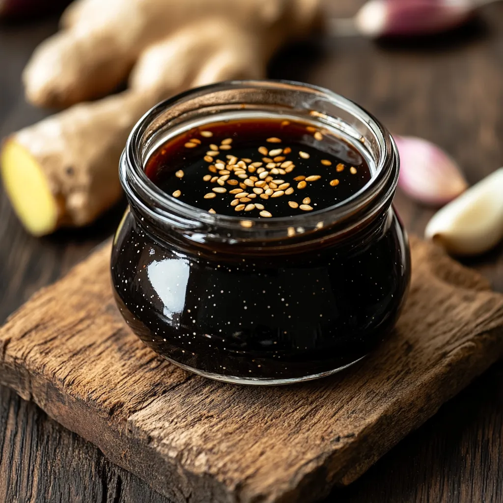 Salsa teriyaki casera servida en un frasco de vidrio sobre fondo de madera