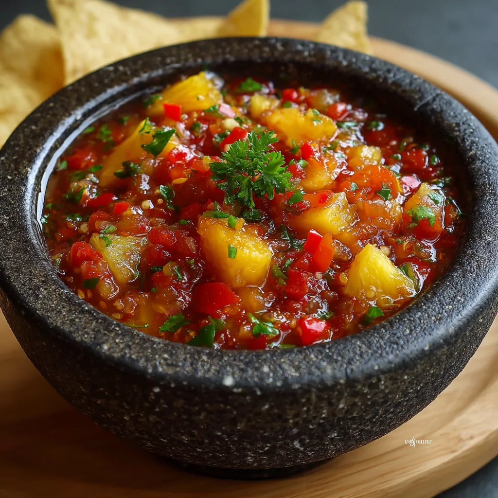 Salsa casera con piña y habanero servida en un molcajete