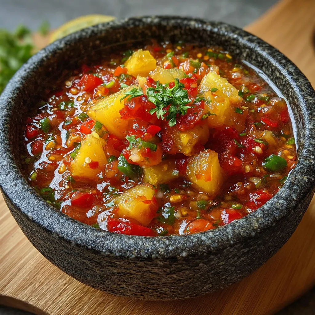 Salsa casera con piña y habanero servida en un molcajete
