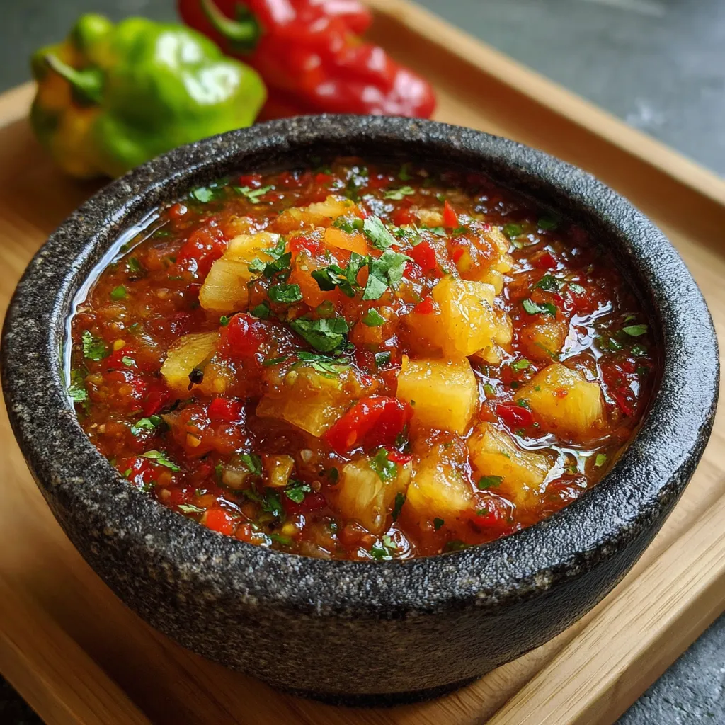 Salsa casera con piña y habanero servida en un molcajete