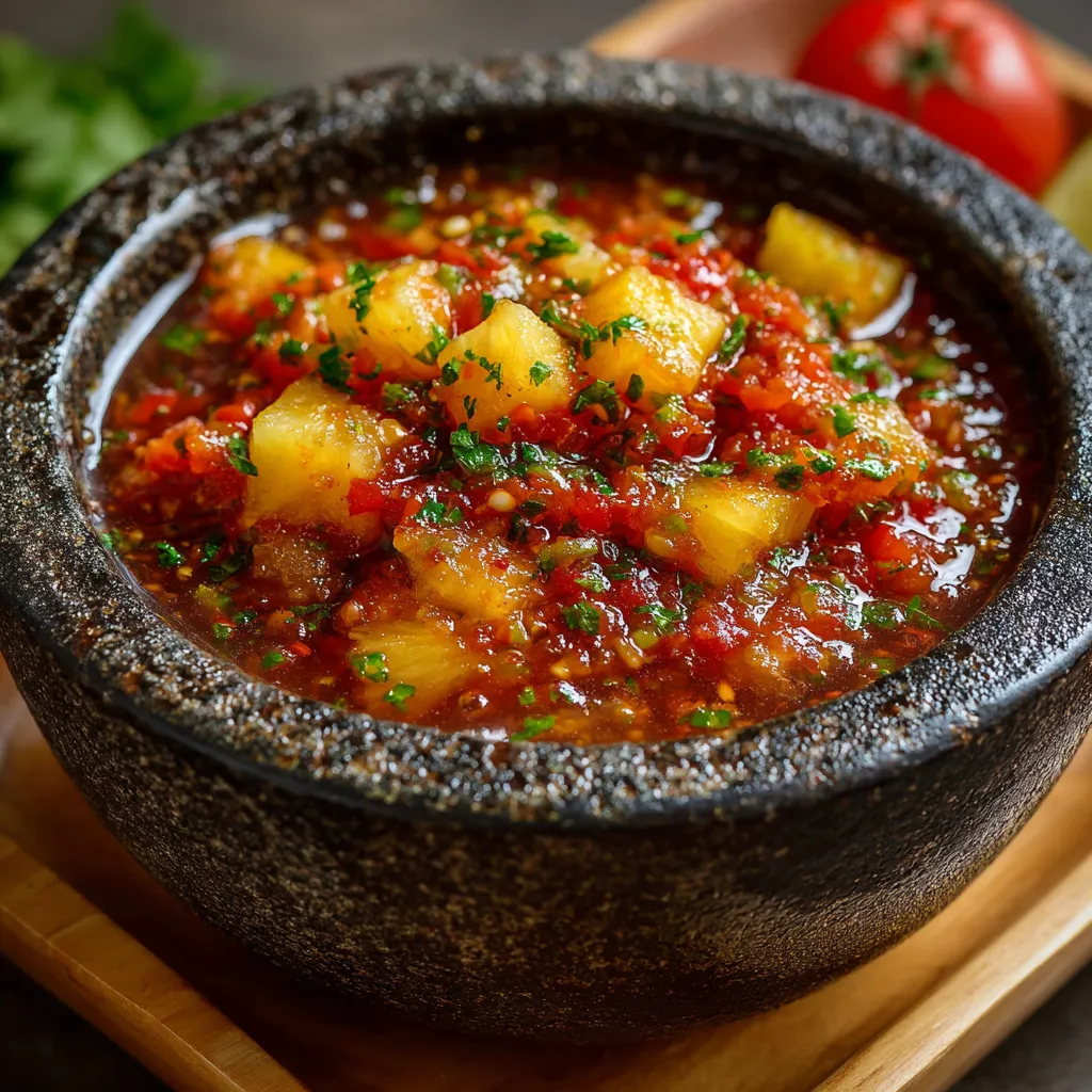 Salsa casera con piña y habanero servida en un molcajete