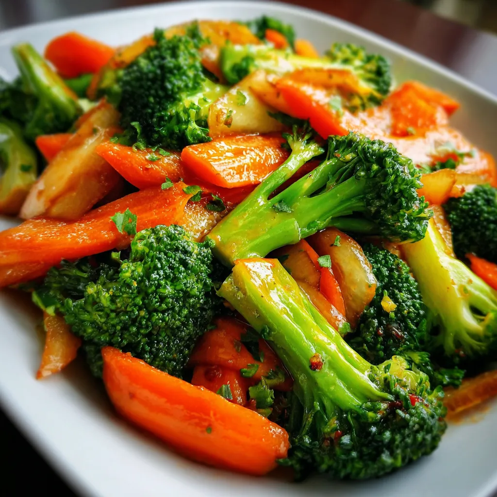 Salteado de brócoli y zanahorias servido en wok, con vegetales frescos y salsa ligera.