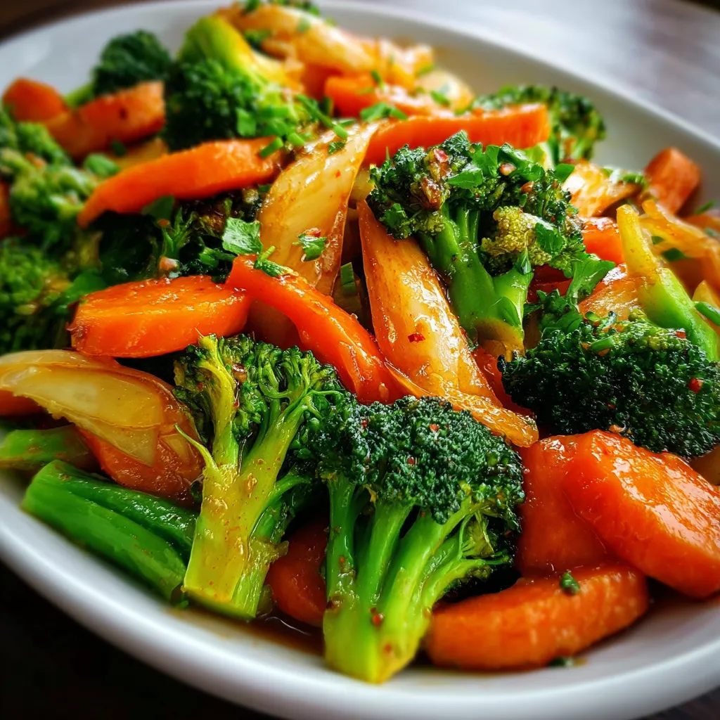 Salteado de brócoli y zanahorias servido en wok, con vegetales frescos y salsa ligera.