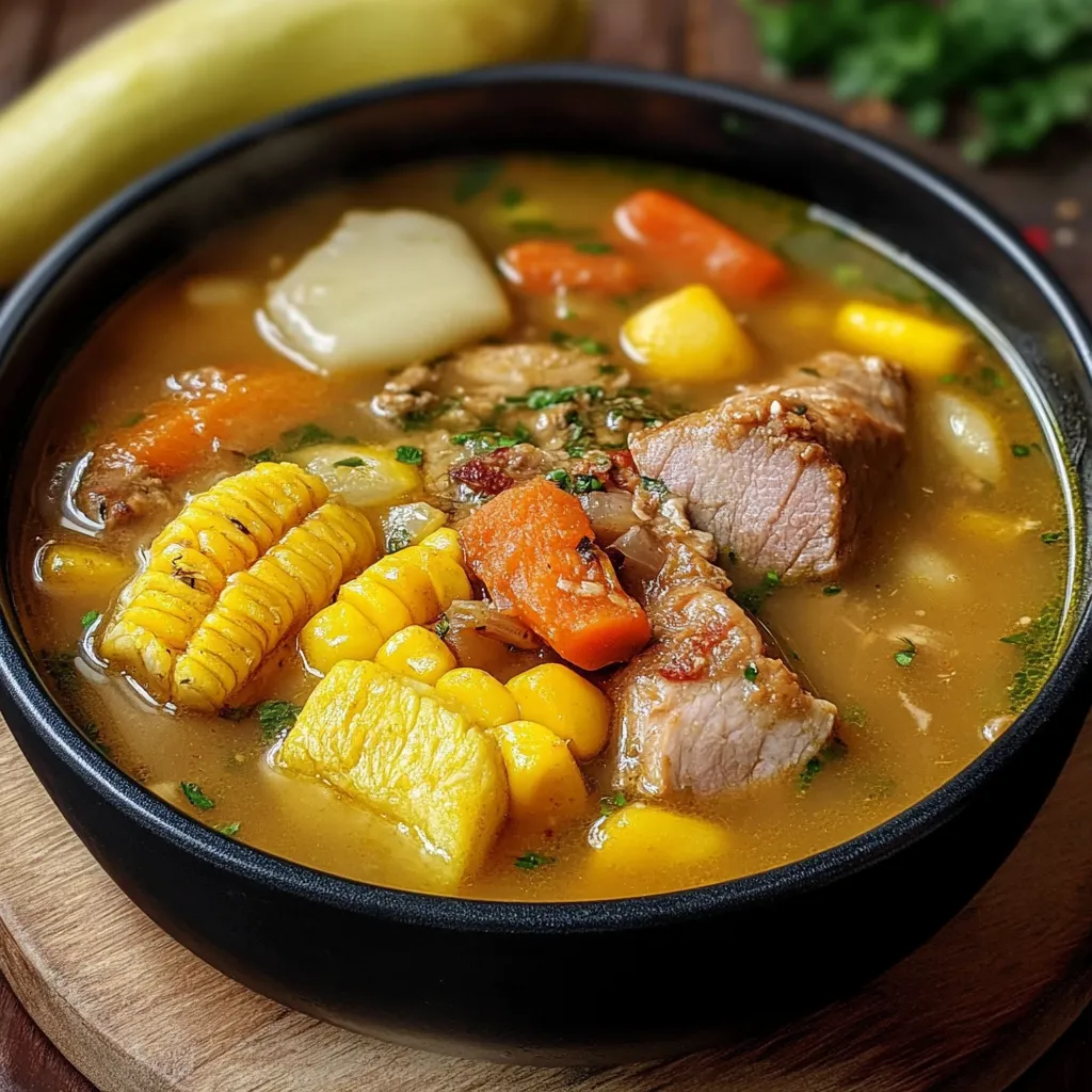Plato hondo con sancocho colombiano de res y gallina servido con arroz y aguacate.