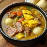 Plato hondo con sancocho colombiano de res y gallina servido con arroz y aguacate.