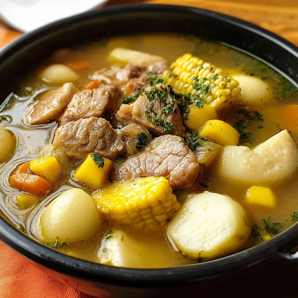 Plato hondo con sancocho colombiano de res y gallina servido con arroz y aguacate.