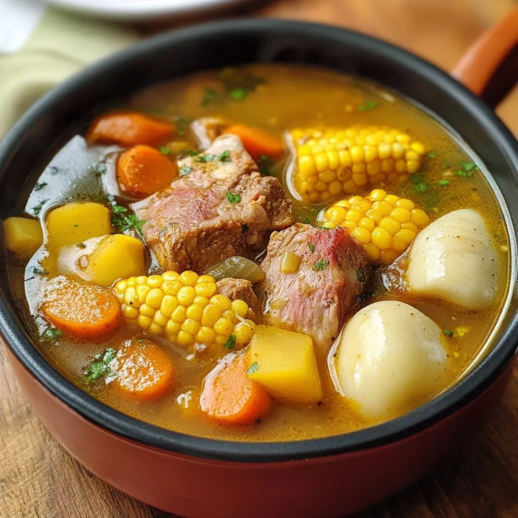 Plato hondo con sancocho colombiano de res y gallina servido con arroz y aguacate.