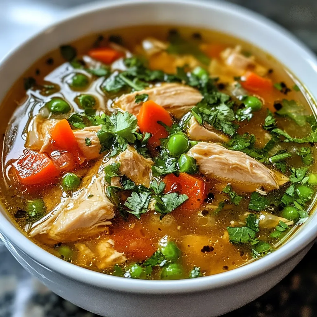 Sopa de pollo antiinflamatoria servida caliente con verduras frescas y perejil