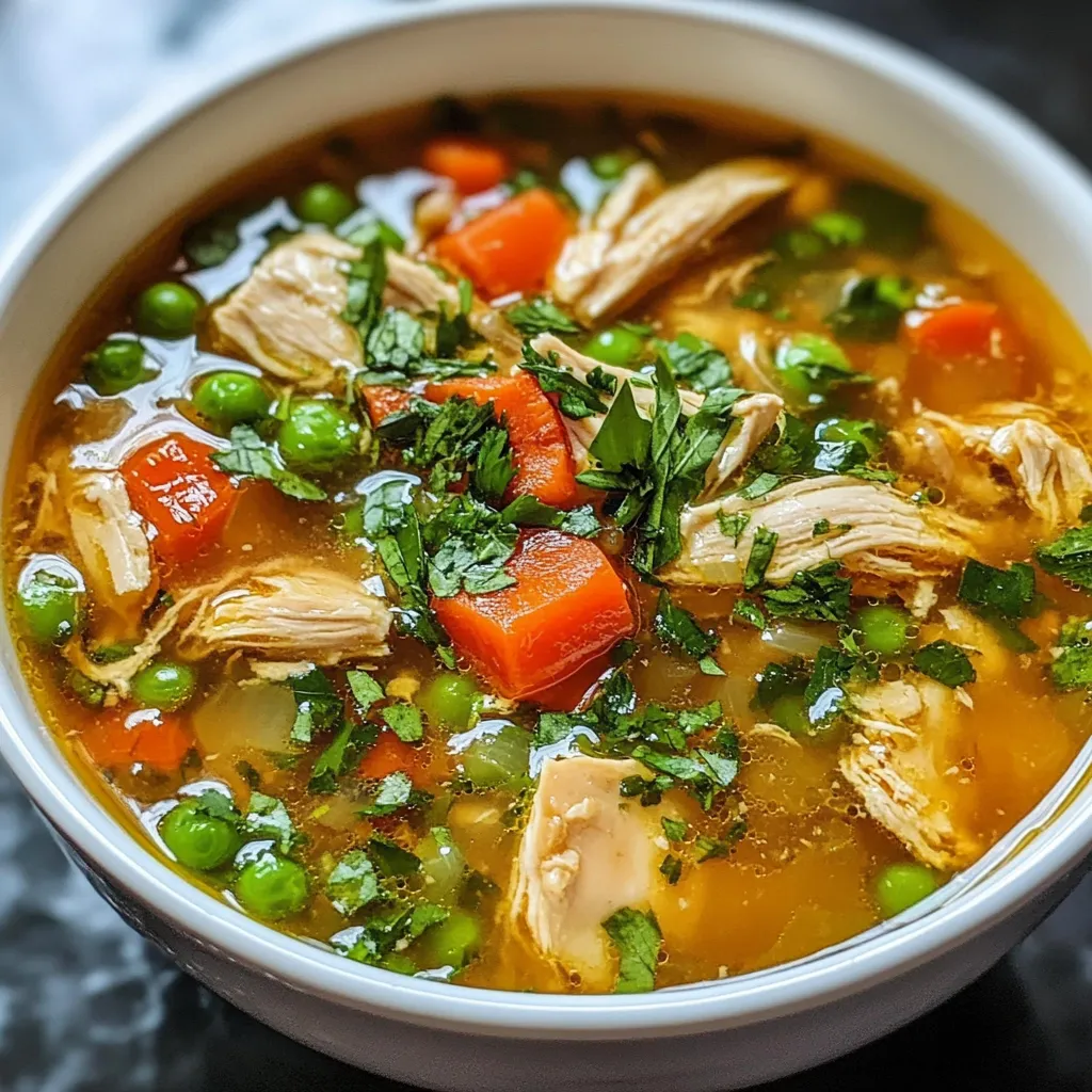 Sopa de pollo antiinflamatoria servida caliente con verduras frescas y perejil
