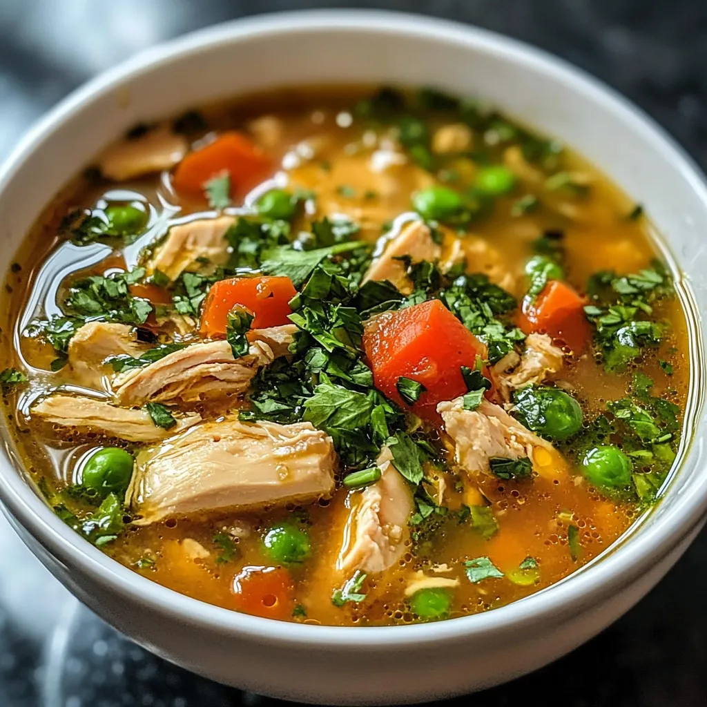 Sopa de pollo antiinflamatoria servida caliente con verduras frescas y perejil
