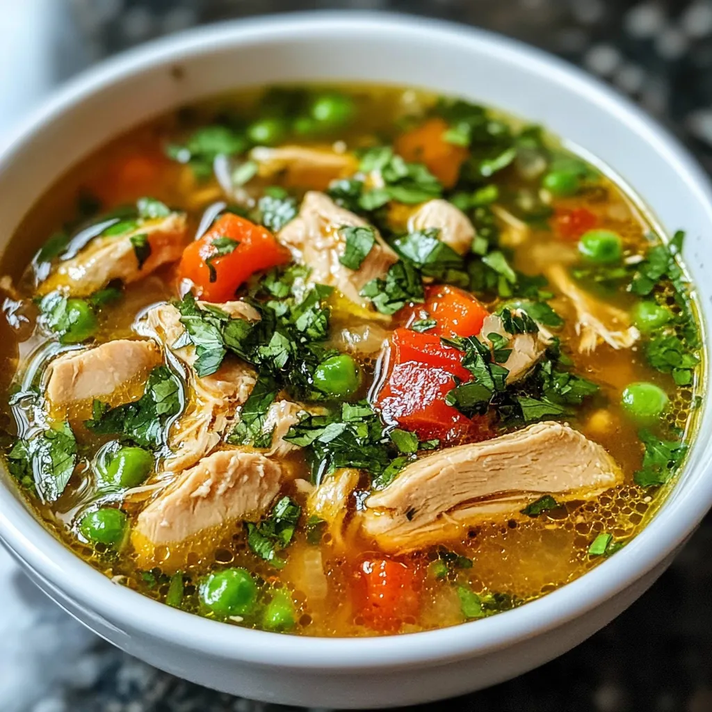 Sopa de pollo antiinflamatoria servida caliente con verduras frescas y perejil