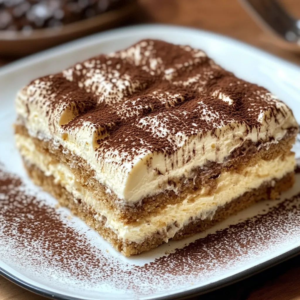 Tiramisú frío y sin horno servido en una fuente de cristal con cacao espolvoreado