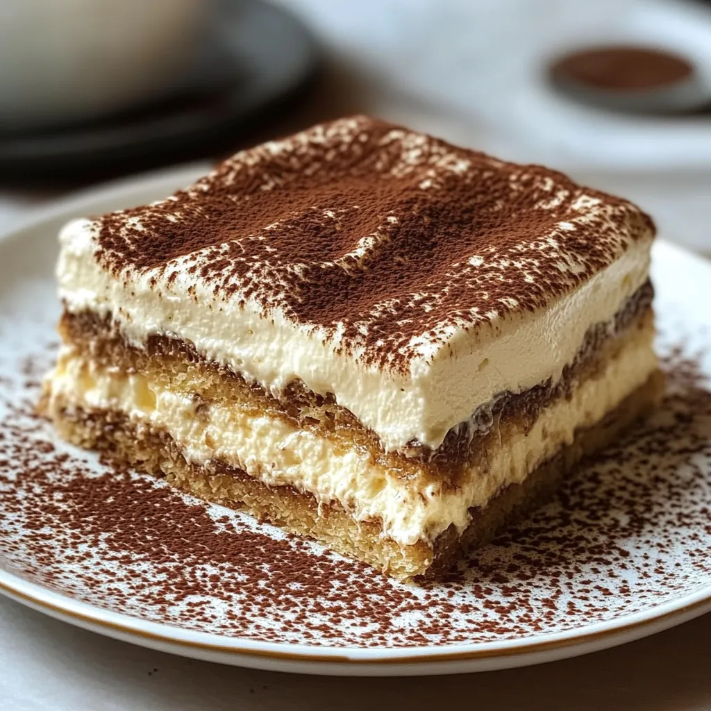 Tiramisú frío y sin horno servido en una fuente de cristal con cacao espolvoreado