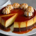 Rebanada de torta de flan con capa de caramelo, flan suave y bizcocho de chocolate.