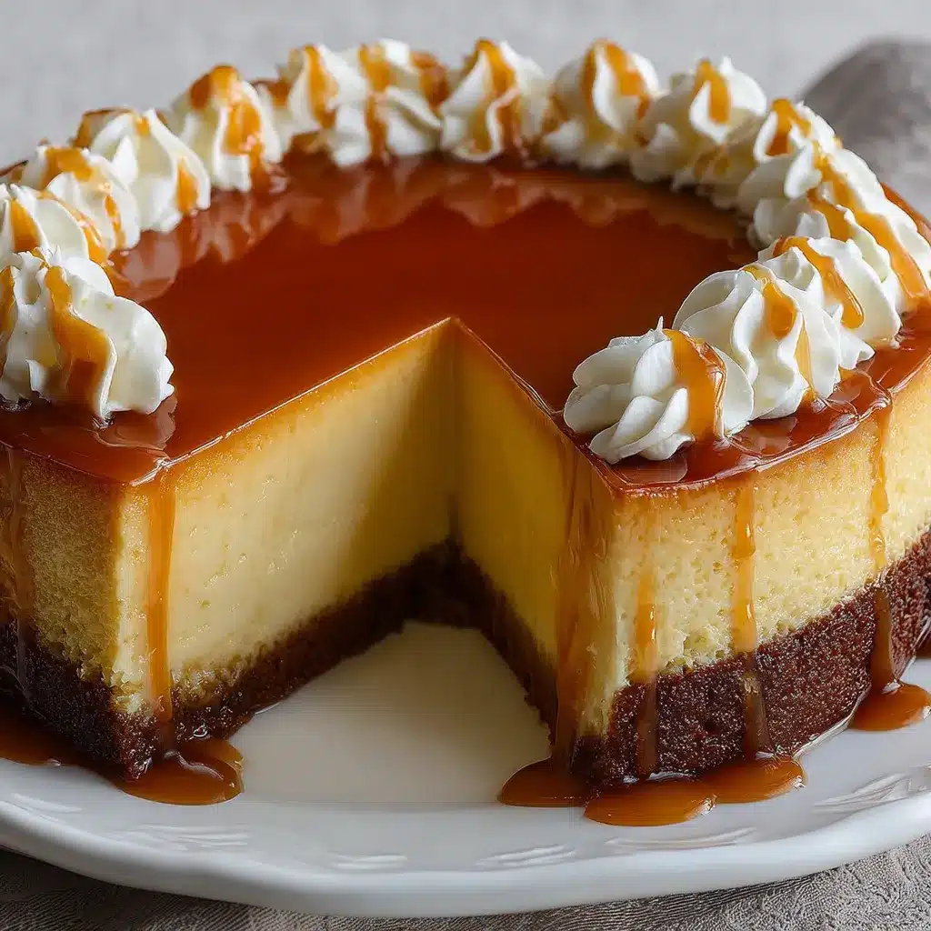 Rebanada de torta de flan con capa de caramelo, flan suave y bizcocho de chocolate.