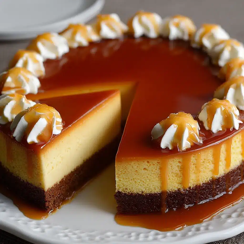 Rebanada de torta de flan con capa de caramelo, flan suave y bizcocho de chocolate.