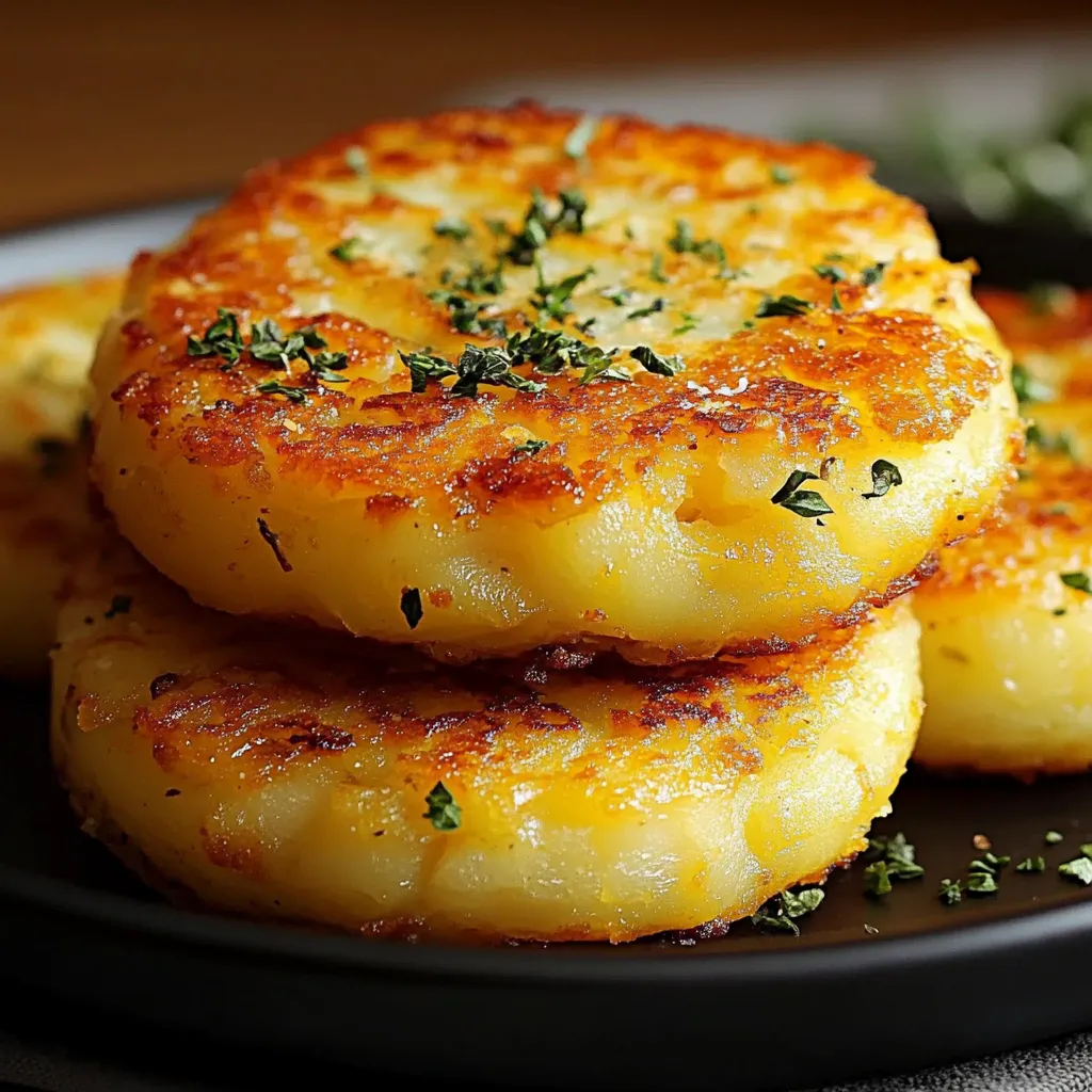 Tortitas de papa doradas servidas en plato con cebollín fresco por encima