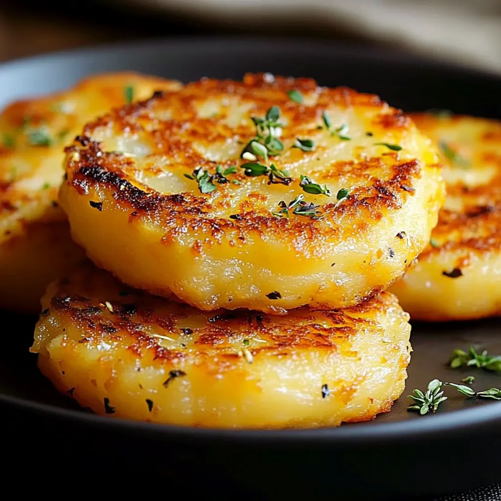Tortitas de papa doradas servidas en plato con cebollín fresco por encima