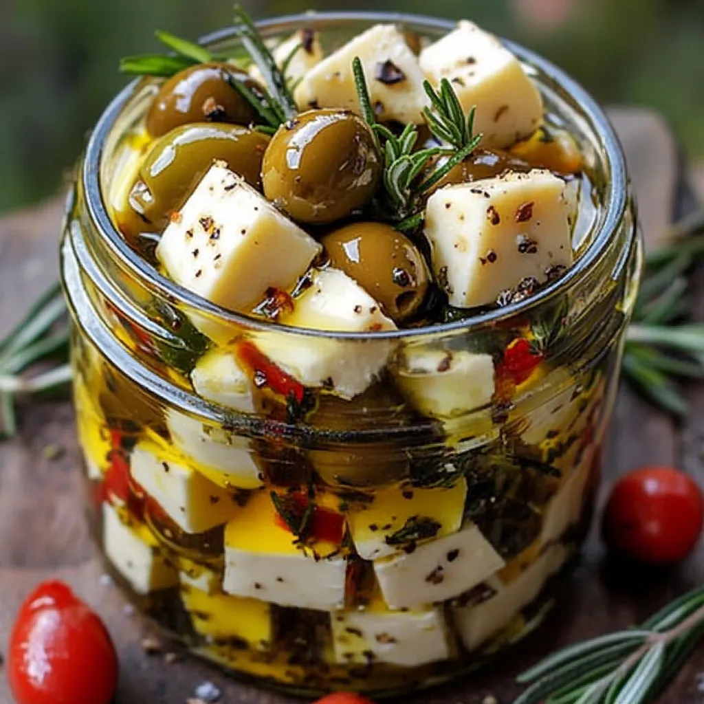 Tarro de vidrio con queso feta, aceitunas verdes y negras, hierbas frescas y aceite de oliva.