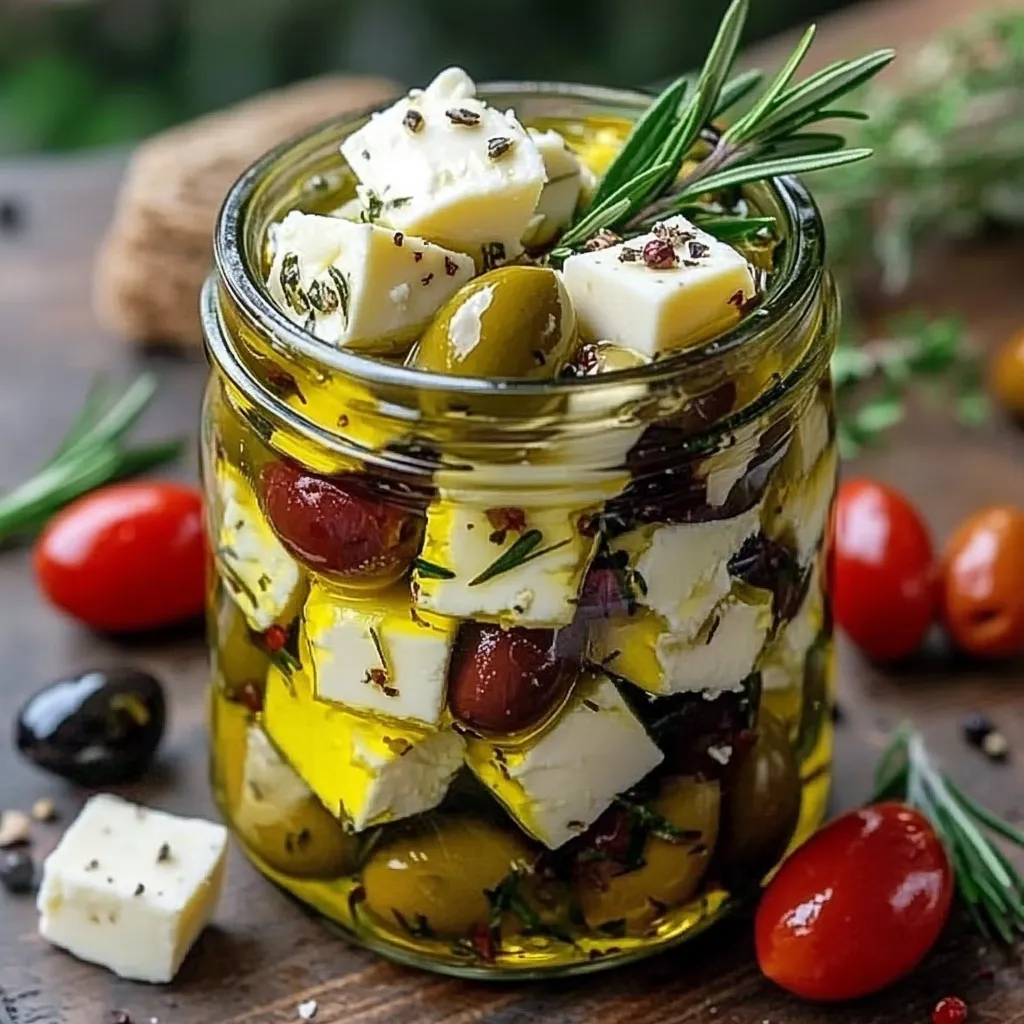 Tarro de vidrio con queso feta, aceitunas verdes y negras, hierbas frescas y aceite de oliva.