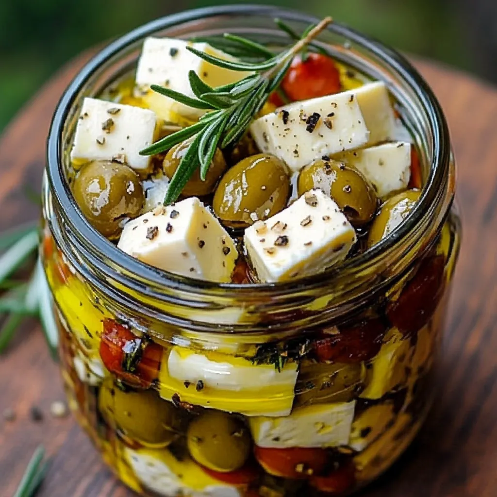 Tarro de vidrio con queso feta, aceitunas verdes y negras, hierbas frescas y aceite de oliva.