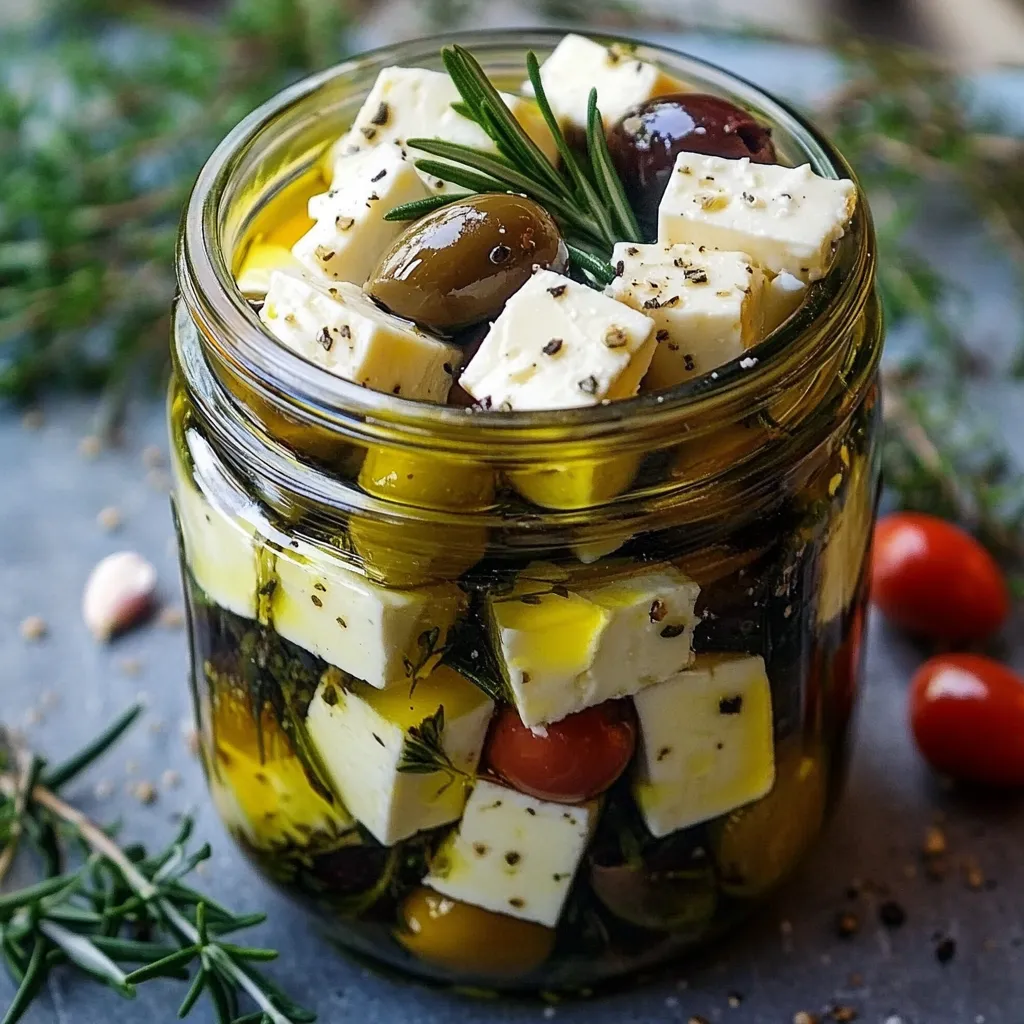 Tarro de vidrio con queso feta, aceitunas verdes y negras, hierbas frescas y aceite de oliva.