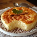 Tarta de arroz con leche sin horno servida en plato blanco, con canela espolvoreada por encima