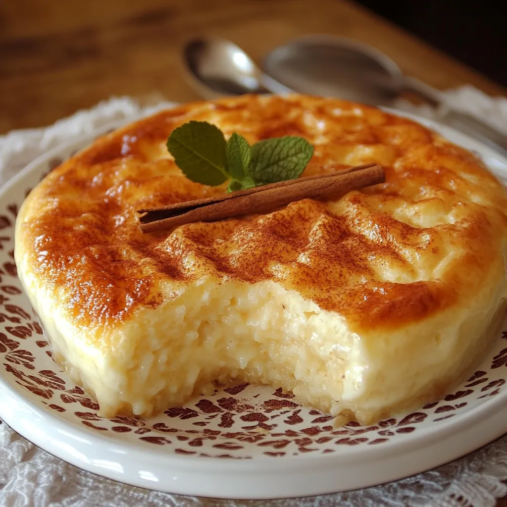 Tarta de arroz con leche sin horno servida en plato blanco, con canela espolvoreada por encima