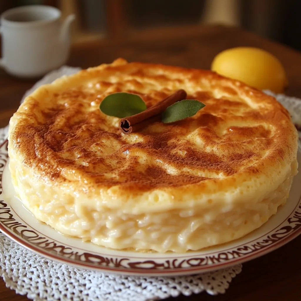 Tarta de arroz con leche sin horno servida en plato blanco, con canela espolvoreada por encima