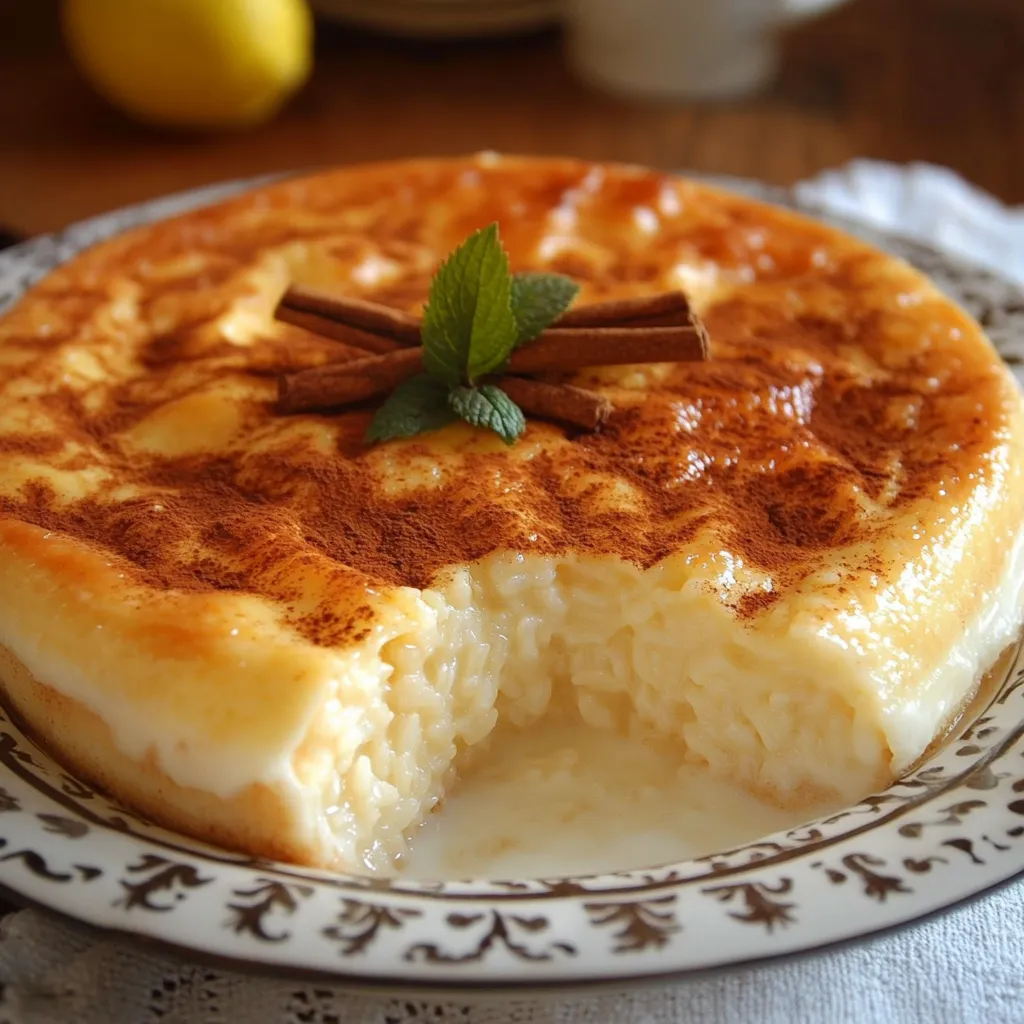 Tarta de arroz con leche sin horno servida en plato blanco, con canela espolvoreada por encima