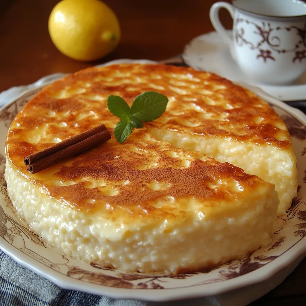 Tarta de arroz con leche sin horno servida en plato blanco, con canela espolvoreada por encima