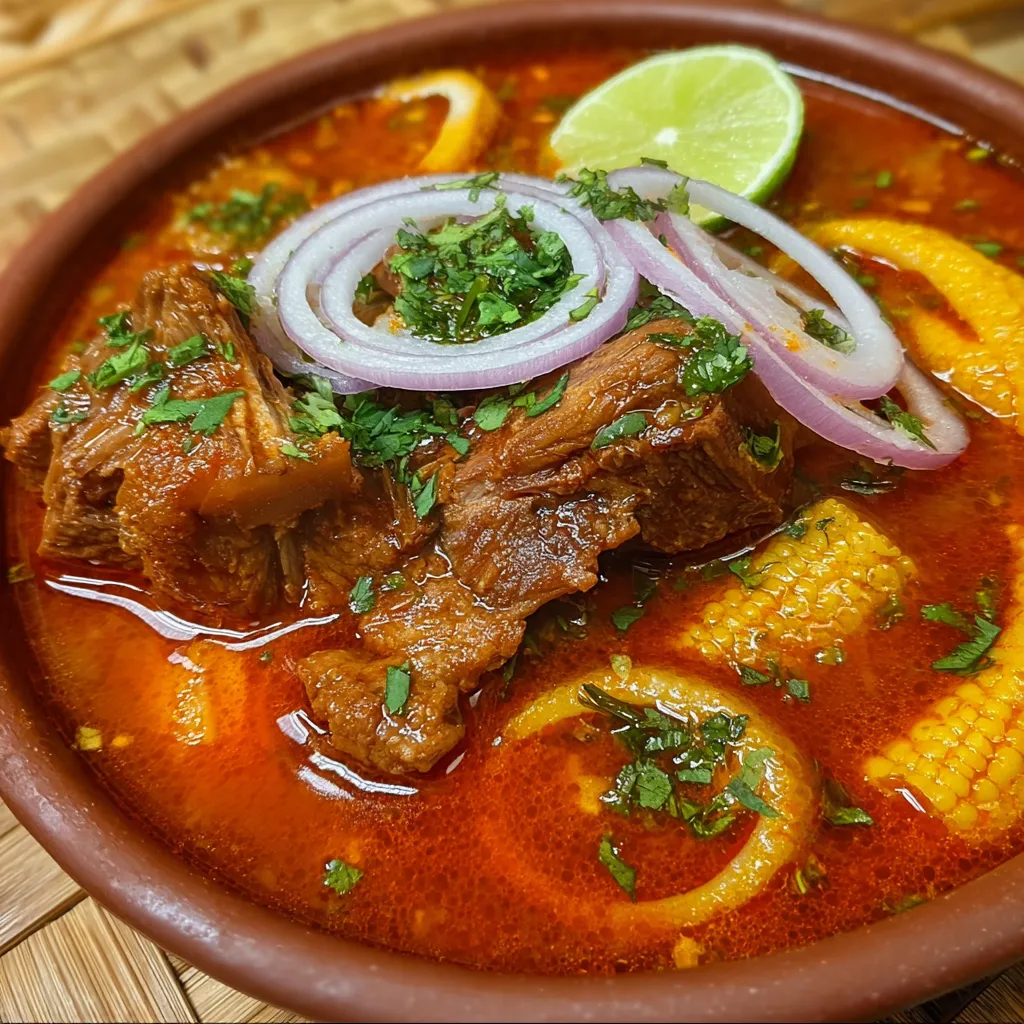 Tesmole de Res servido caliente con verduras y bolitas de masa en un tazón tradicional mexicano
