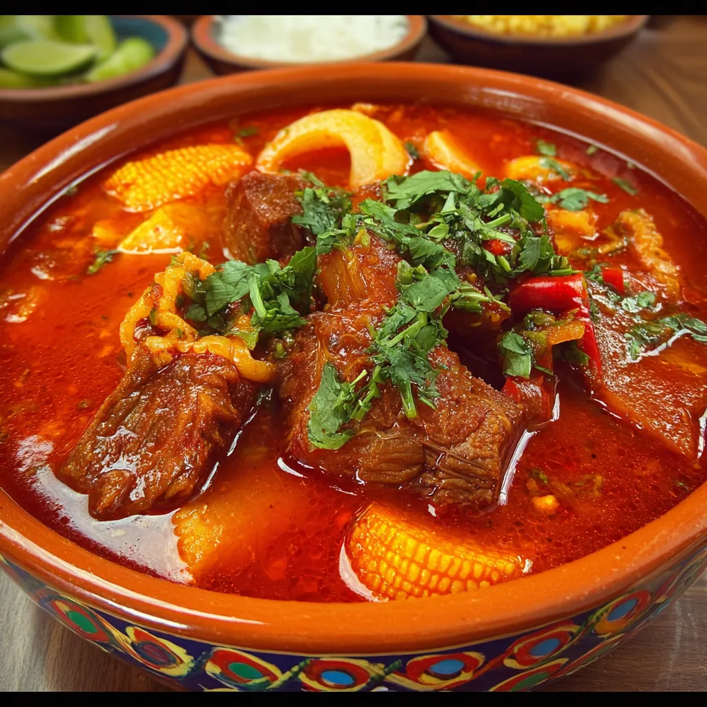 Tesmole de Res servido caliente con verduras y bolitas de masa en un tazón tradicional mexicano
