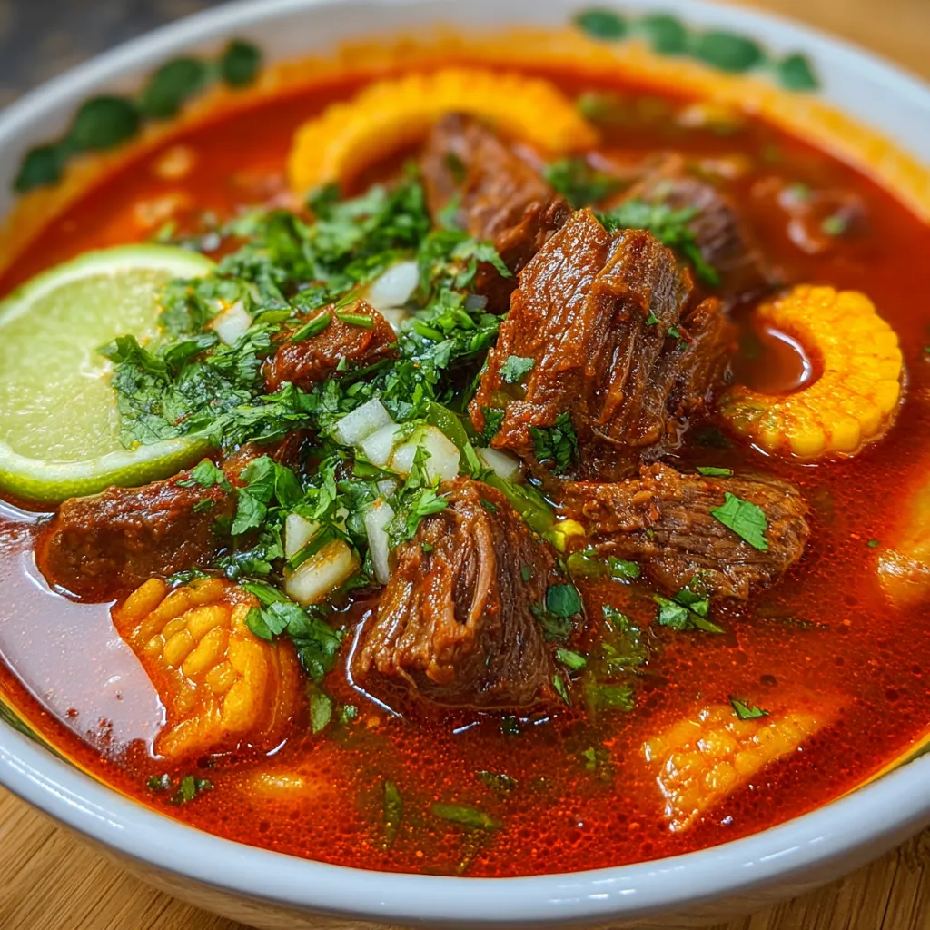 Tesmole de Res servido caliente con verduras y bolitas de masa en un tazón tradicional mexicano
