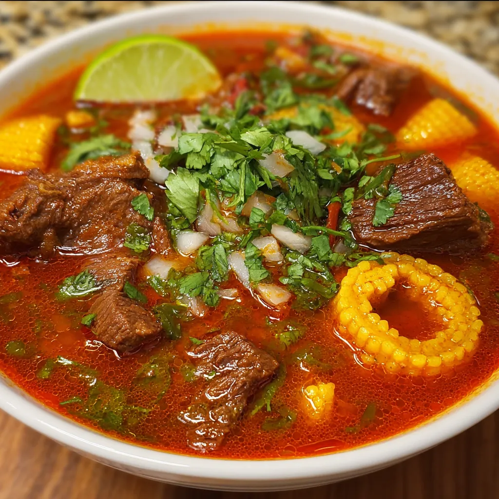 Tesmole de Res servido caliente con verduras y bolitas de masa en un tazón tradicional mexicano