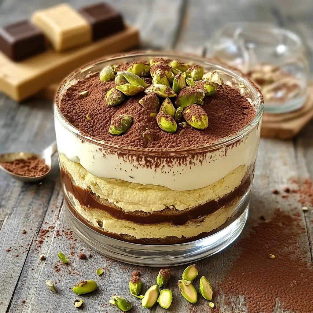 Tiramisù pistache et chocolat crémeux en verrines, décoré de cacao et pistaches concassées