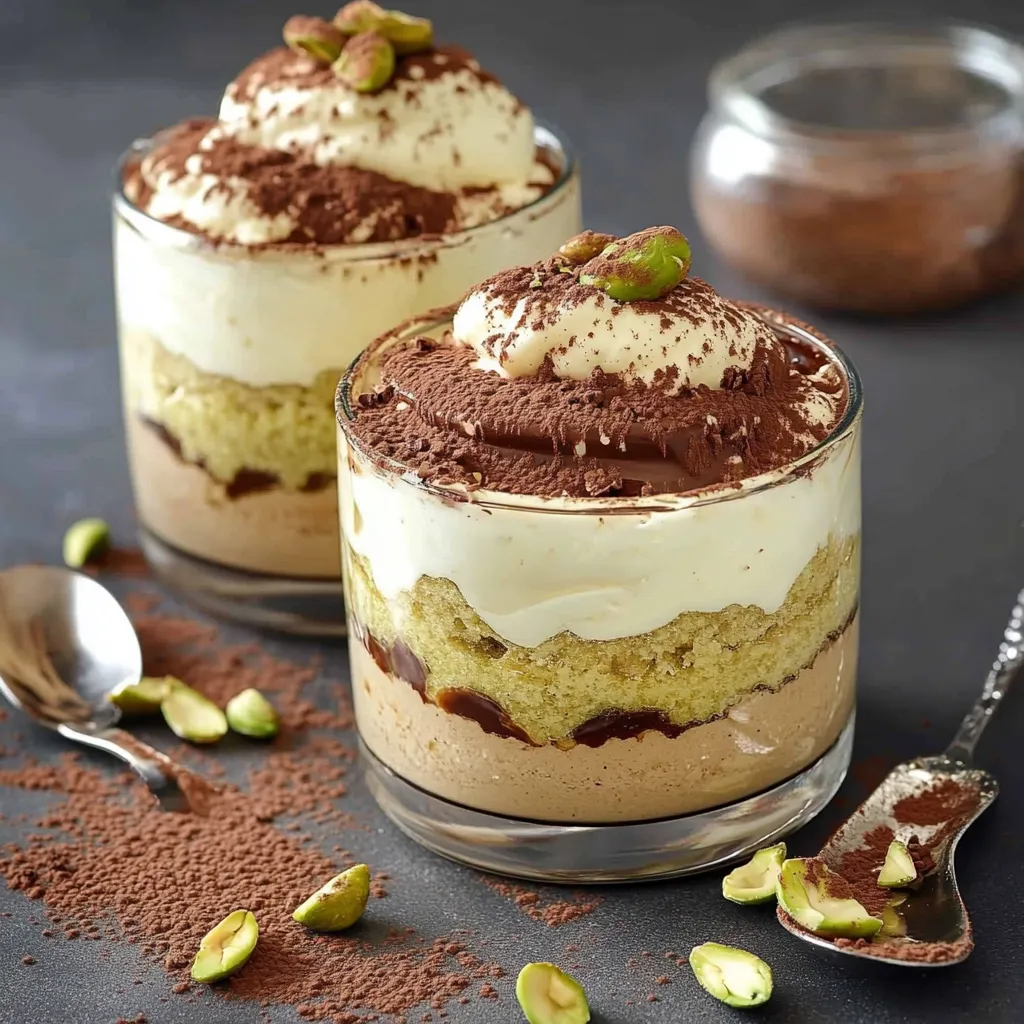 Tiramisù pistache et chocolat crémeux en verrines, décoré de cacao et pistaches concassées
