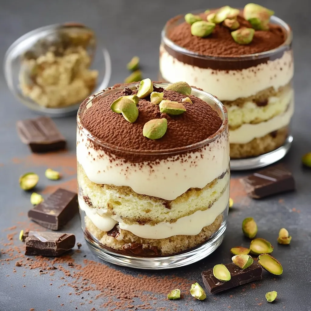 Tiramisù pistache et chocolat crémeux en verrines, décoré de cacao et pistaches concassées