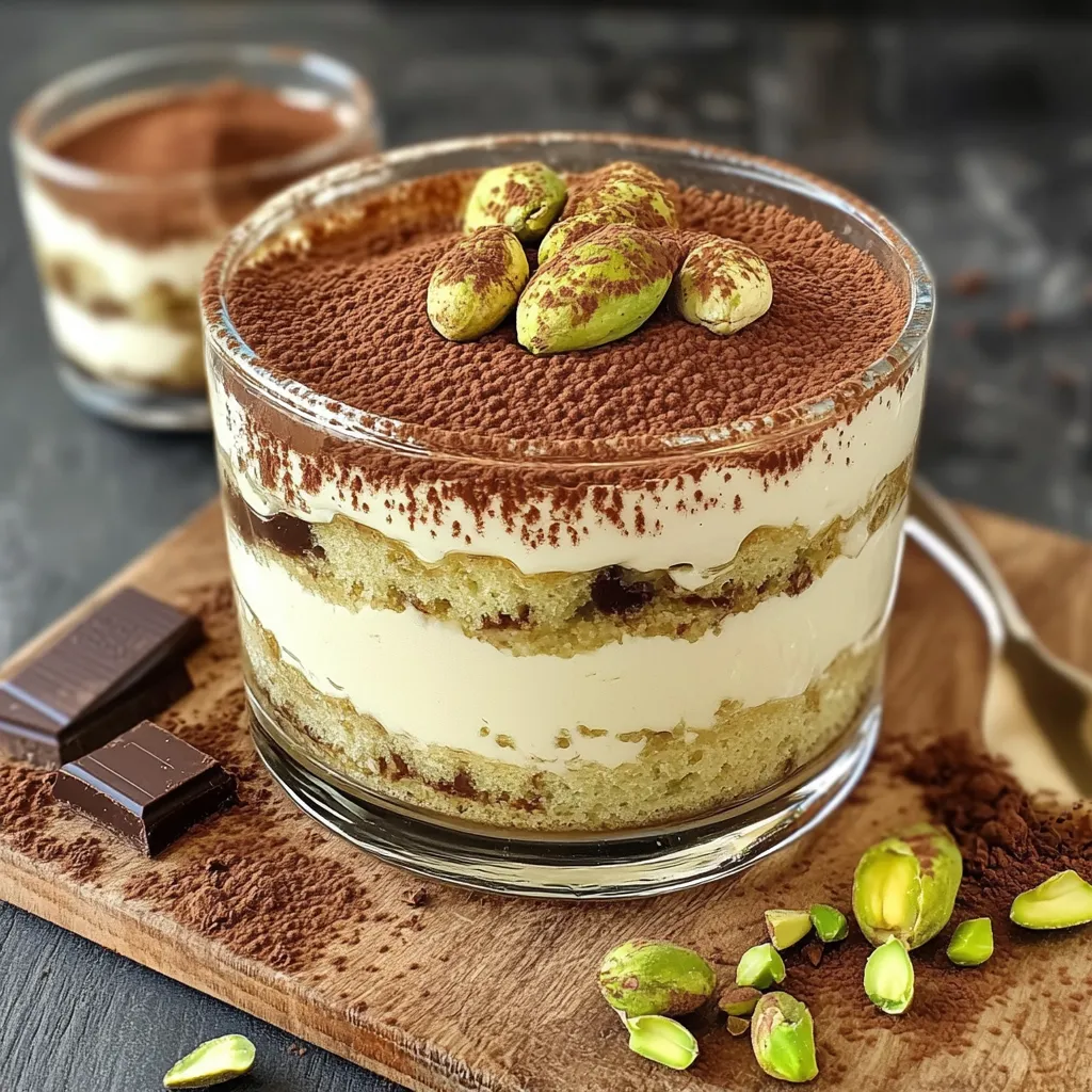 Tiramisù pistache et chocolat crémeux en verrines, décoré de cacao et pistaches concassées