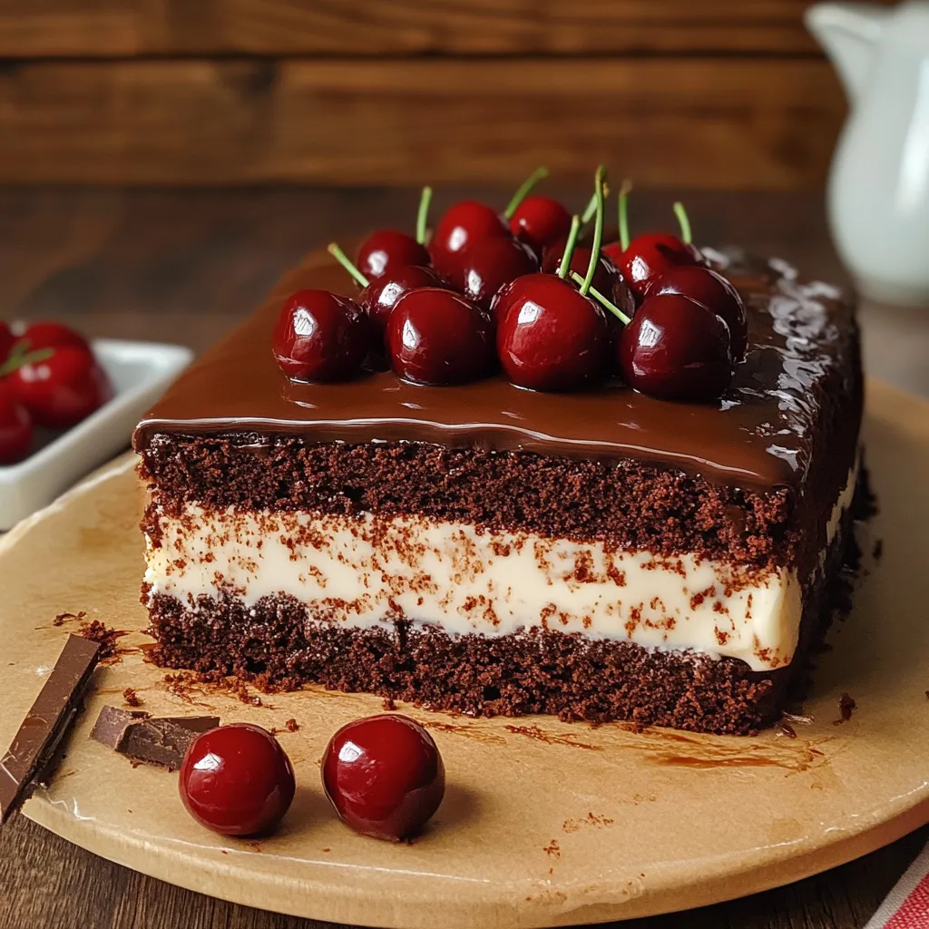 Torta tres leches de chocolate decorada con cerezas frescas sobre glaseado brillante.