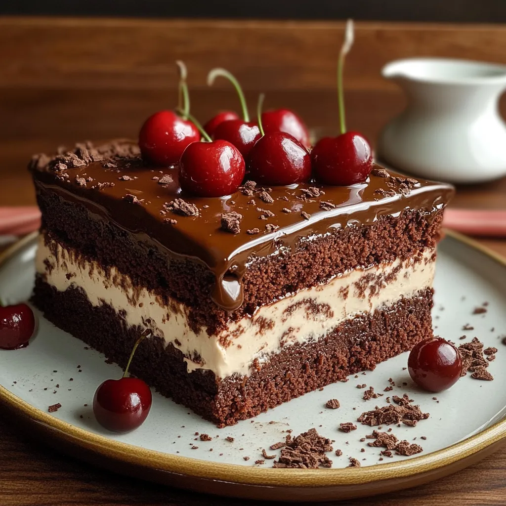 Torta tres leches de chocolate decorada con cerezas frescas sobre glaseado brillante.