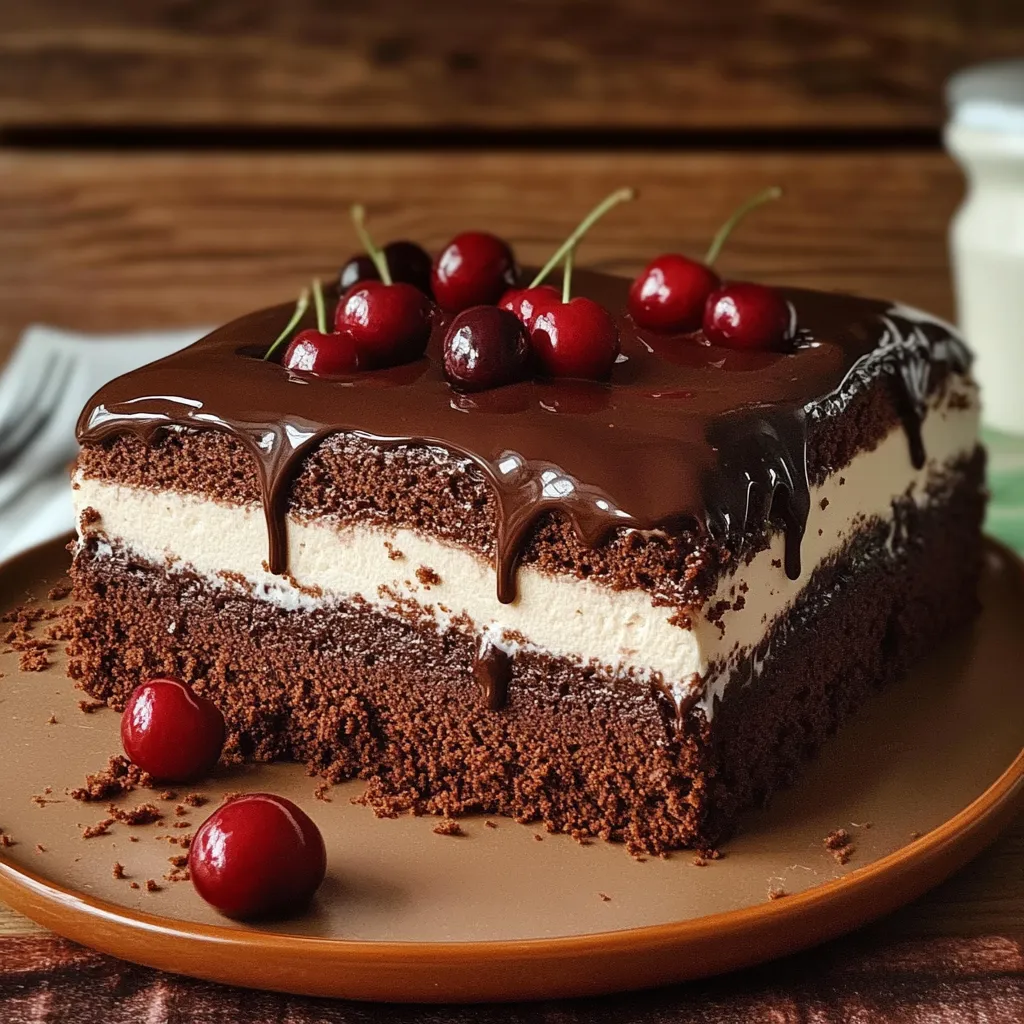 Torta tres leches de chocolate decorada con cerezas frescas sobre glaseado brillante.