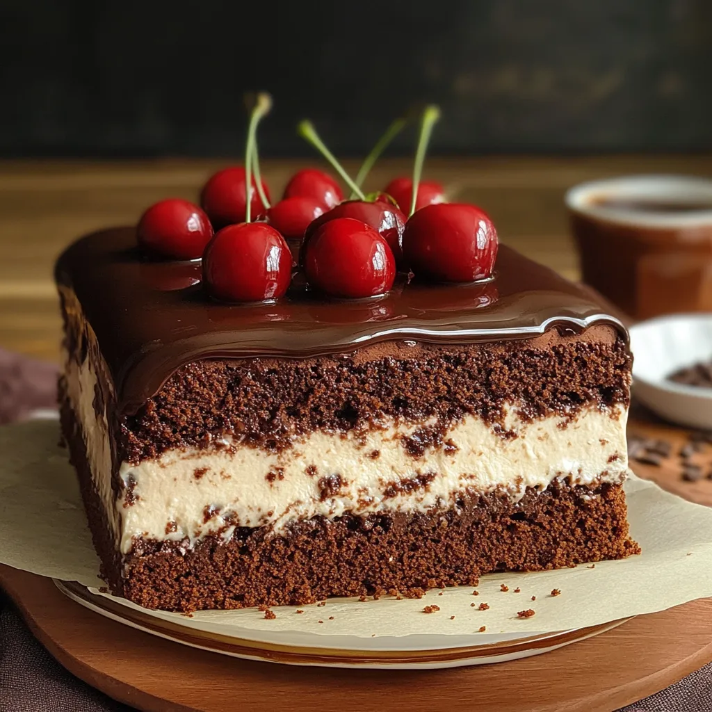 Torta tres leches de chocolate decorada con cerezas frescas sobre glaseado brillante.